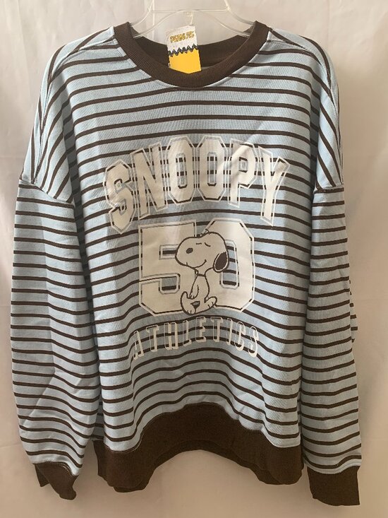 Peanuts Sweaters - PEANUTS Snoopy Athletics Striped Crew Neck Sweater in Blue/Brown Sz LARGE